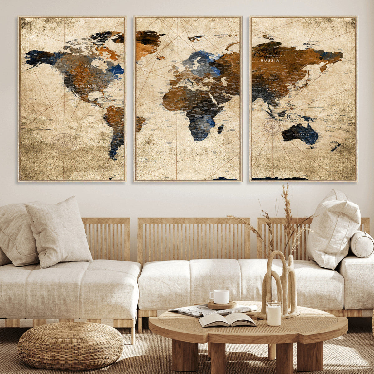 World Map Wall Art – Rustic Earth Tone Canvas Print, Antique