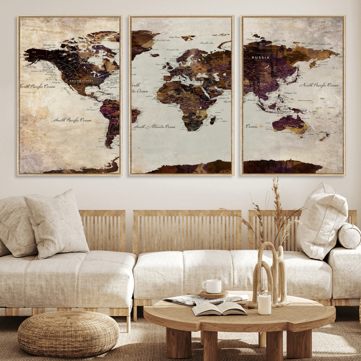 World Map Canvas Triptych – Colorful Global Wall Art for