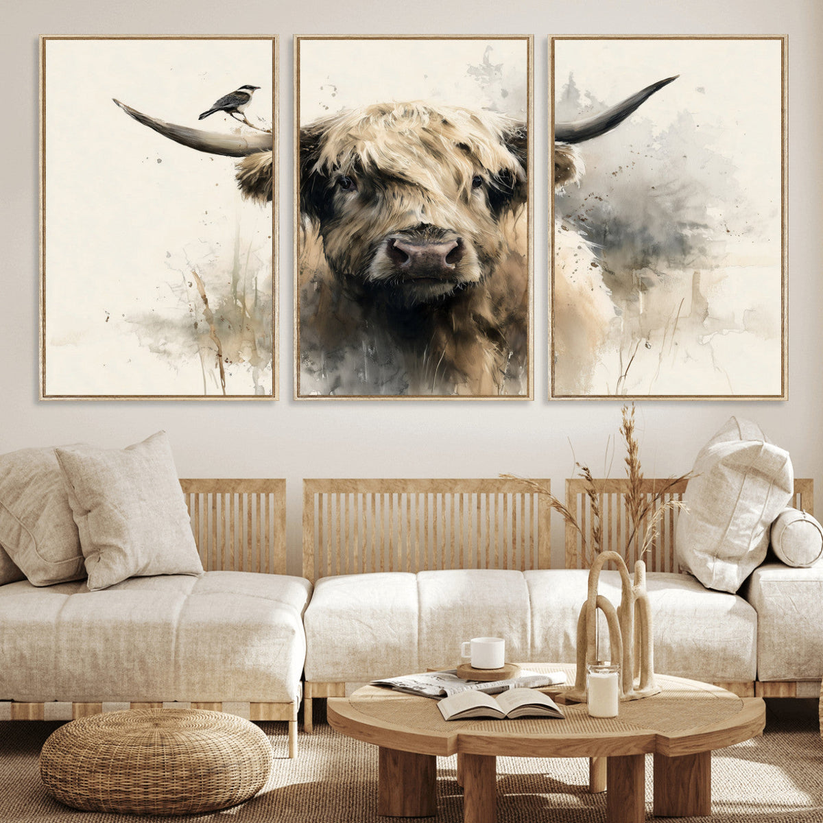 Abstract Highland Cow Wall Art Canvas Print, Rustic Farm