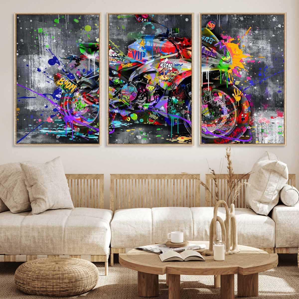 Graffiti Motorcycle Wall Art Canvas Print, Urban Street Art