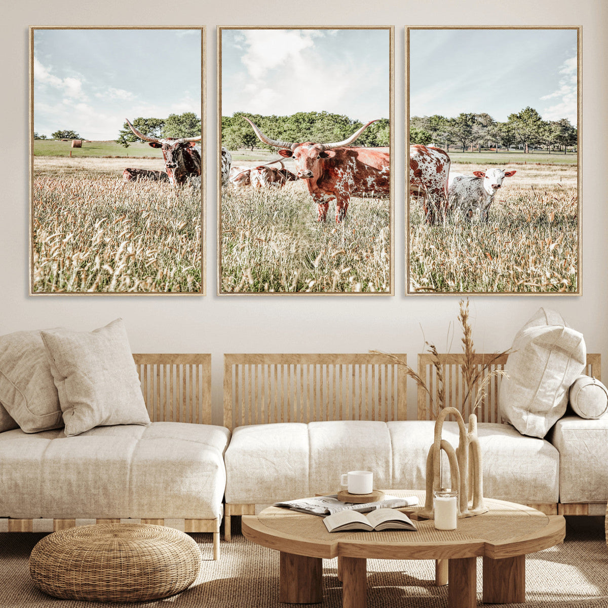 Texas Longhorn Cattle Wall Art Canvas Print, Rustic Ranch