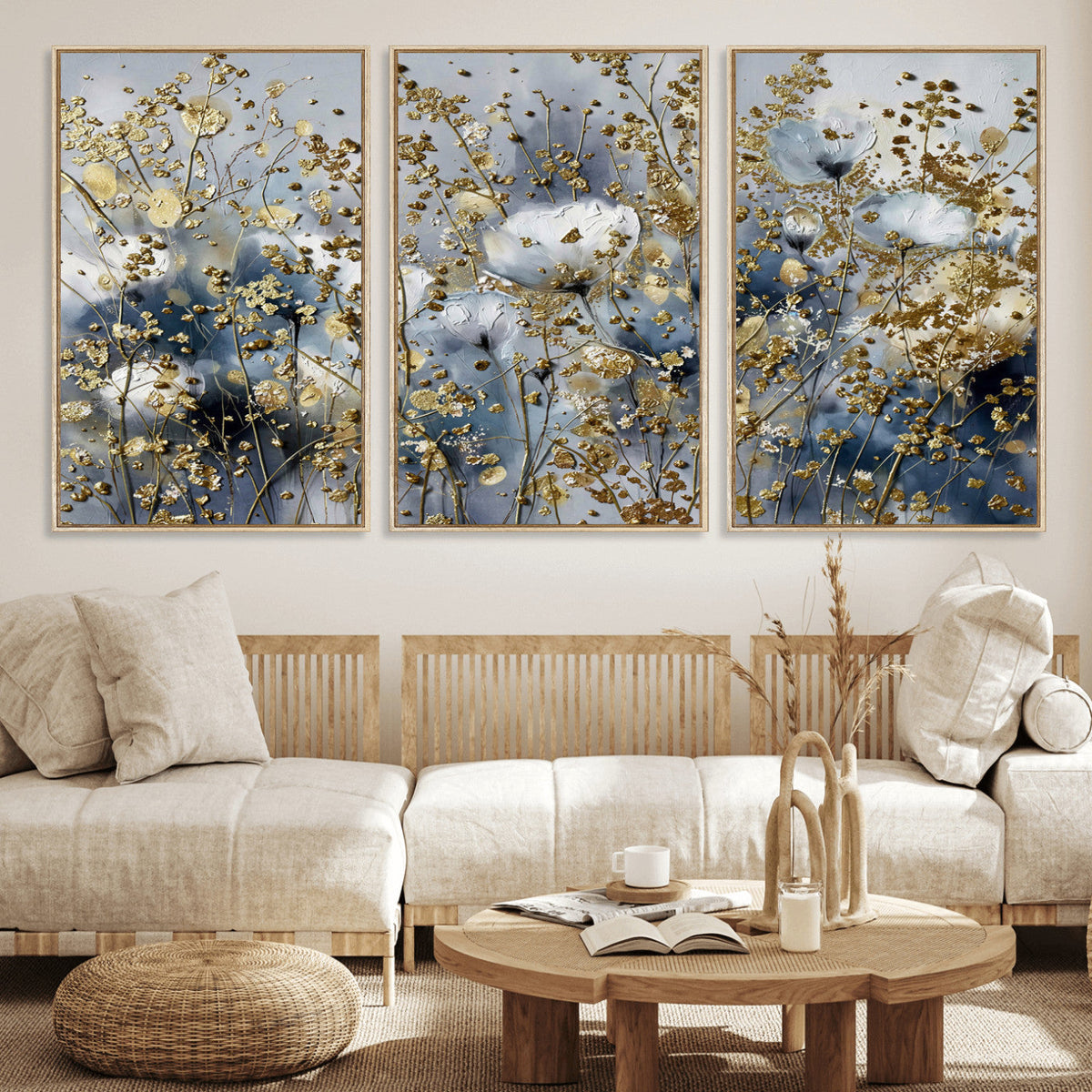 Abstract Floral Wall Art Canvas Print – Gold and Blue
