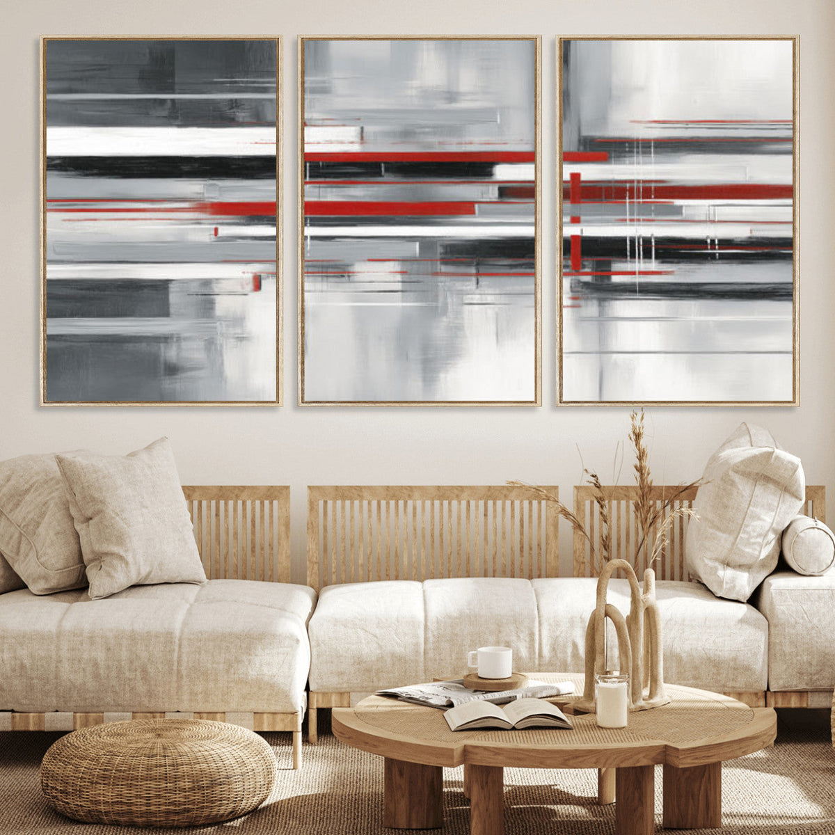 Gray Red Abstract Wall Art Canvas Print, Modern Abstract