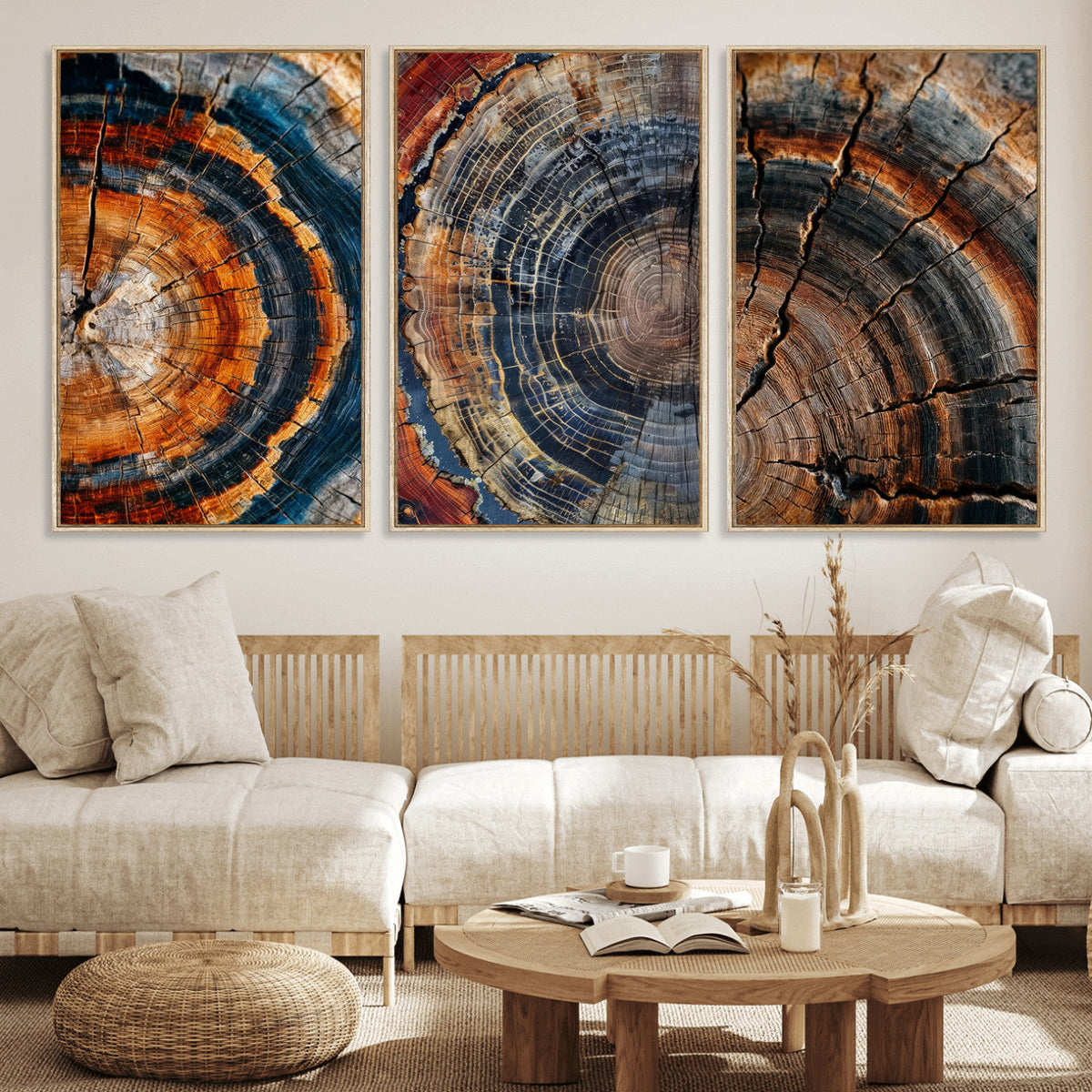Tree Ring Triptych Canvas Wall Art — Set of 3 Wood Grain