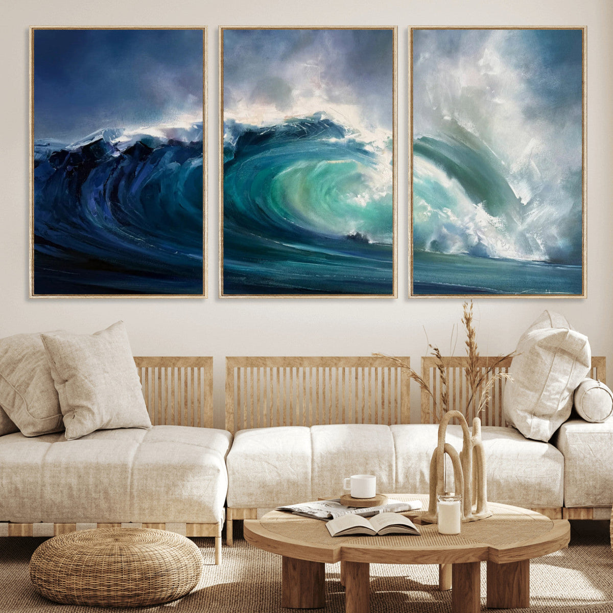 Ocean Wave Canvas Wall Art, Dramatic Teal Blue Seascape Oil