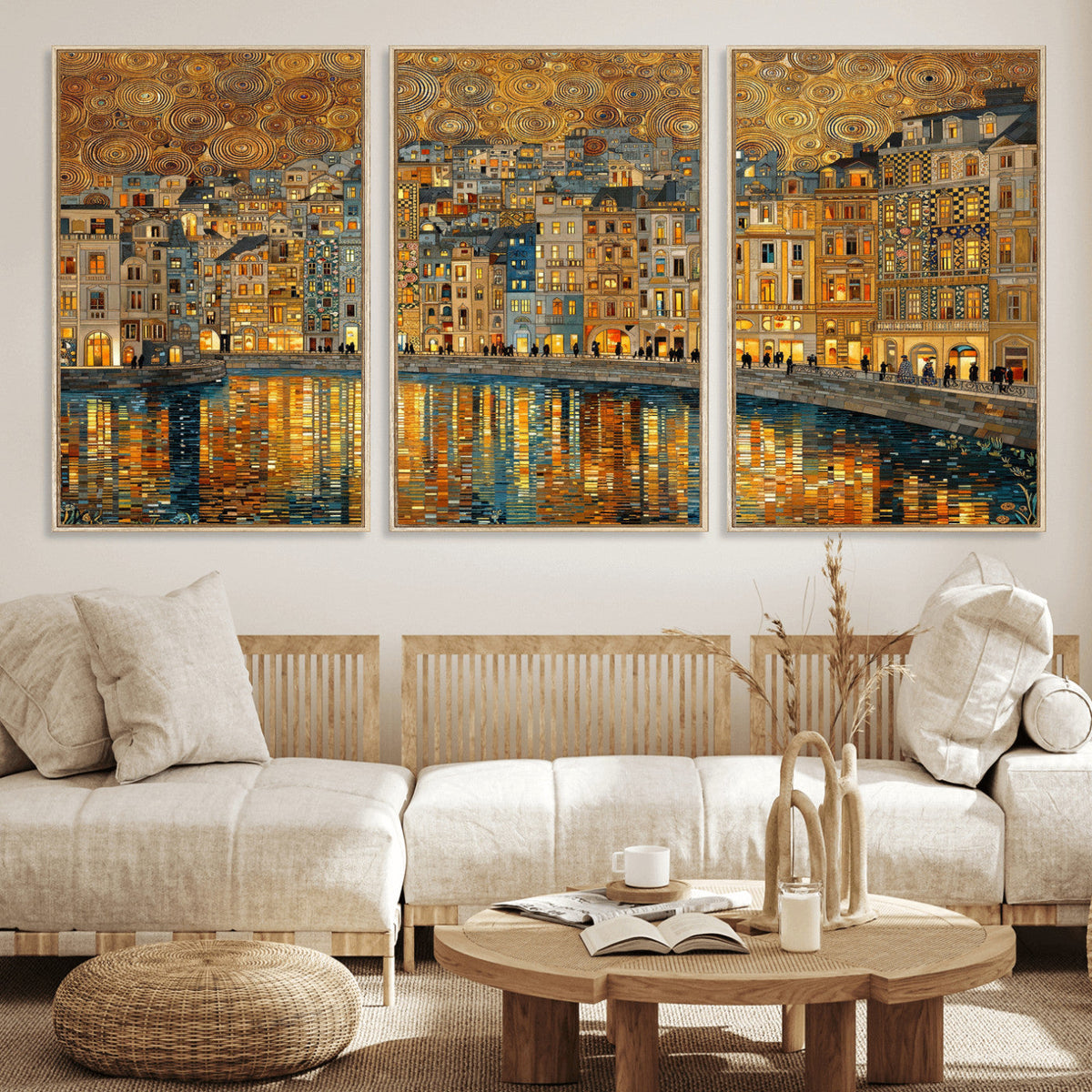 Gustav Klimt Golden Cityscape Wall Art Canvas Print, Framed