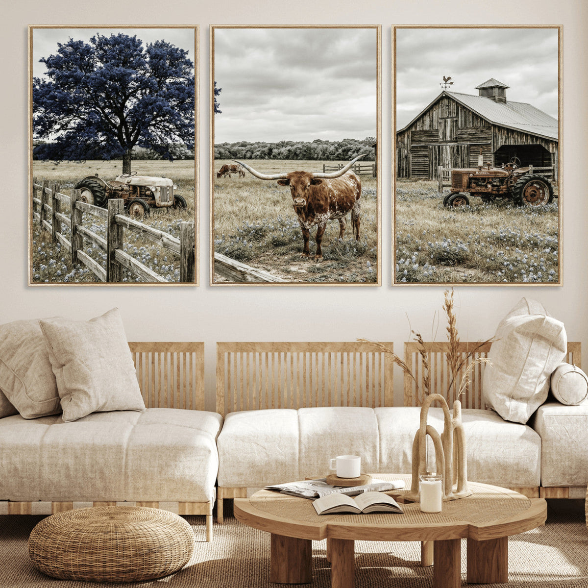 Texas Longhorn Canvas Wall Art, Rustic Farm Barn Bluebonnet