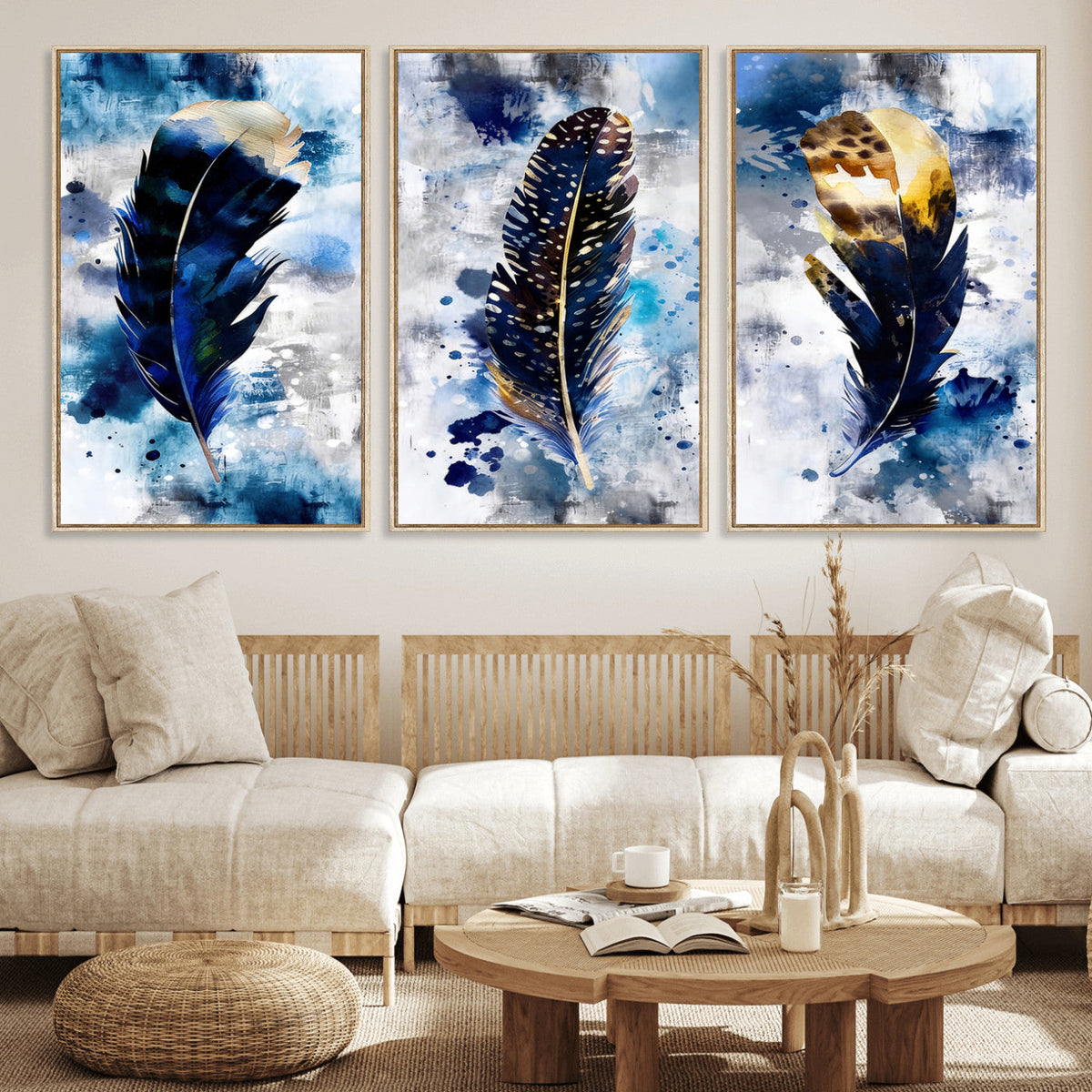 Feather Canvas Wall Art Navy Blue Gold Watercolor Abstract