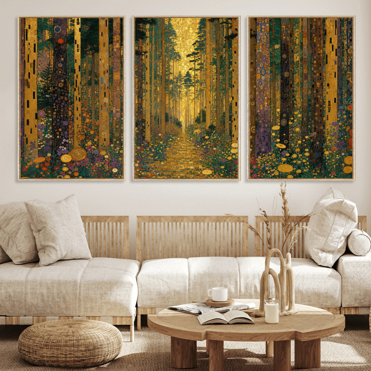 Gustav Klimt Style Forest Canvas Wall Art, Golden Forest Path Floral Art Nouveau Print, Enchanted Woodland Decor