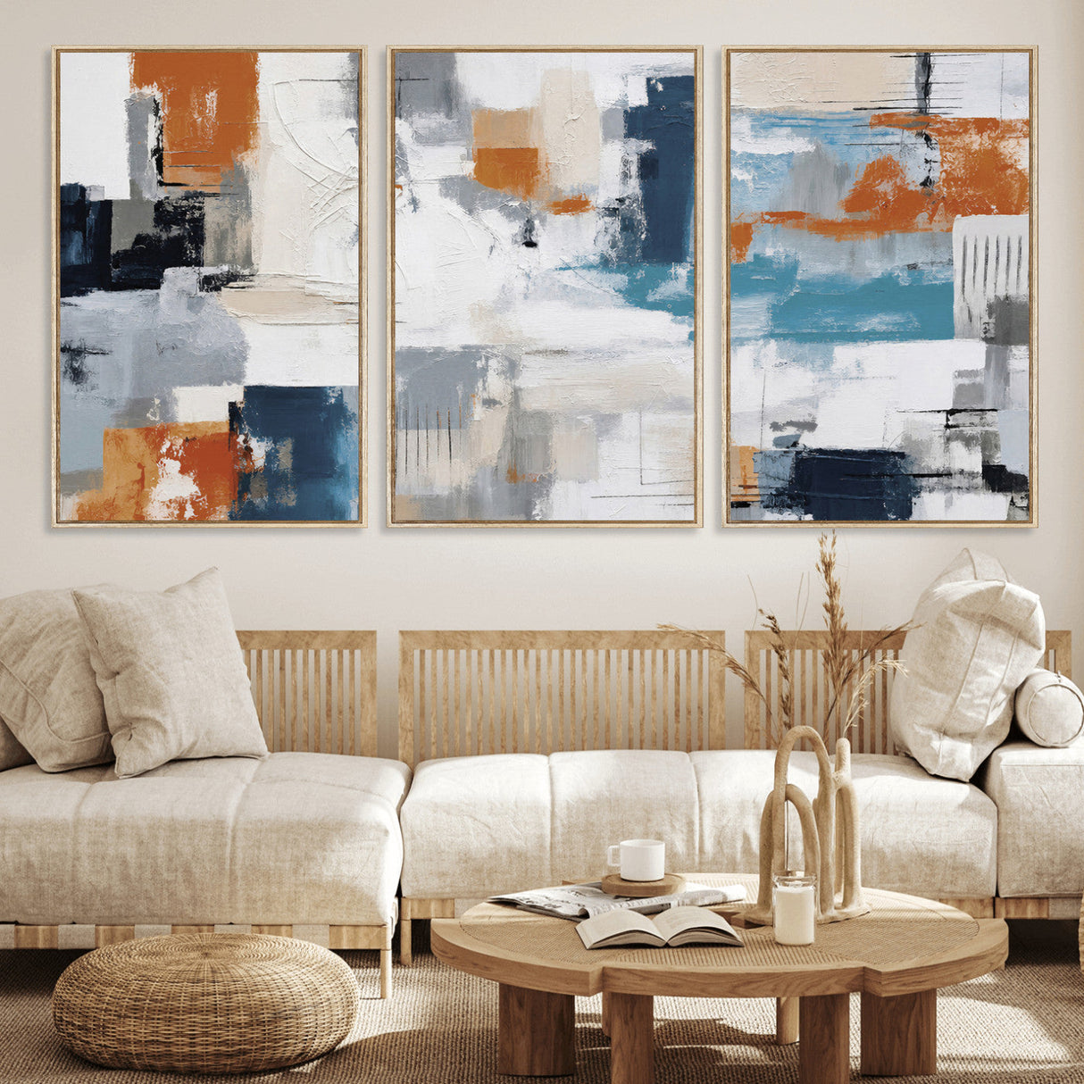 Blue Teal Abstract Canvas Wall Art, Modern Textured Painting Print, Navy Orange White Contemporary Art, Neutral Living Room Decor, Office Art