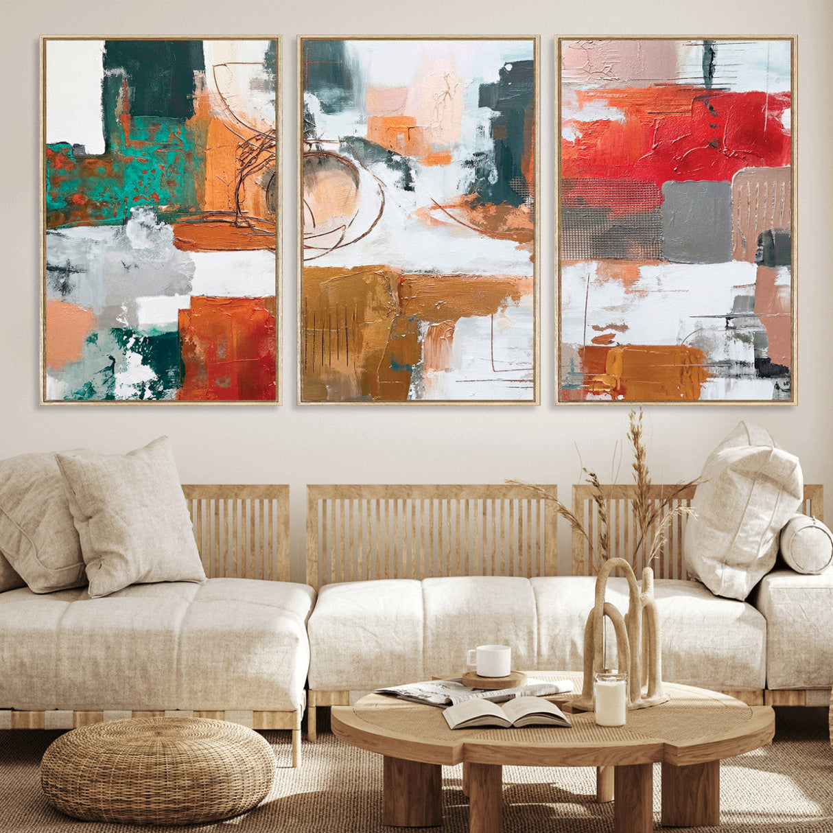 Blue Teal Abstract Canvas Wall Art, Modern Textured Painting Print, Navy Orange White Contemporary Art, Neutral Living Room Decor, Office Art
