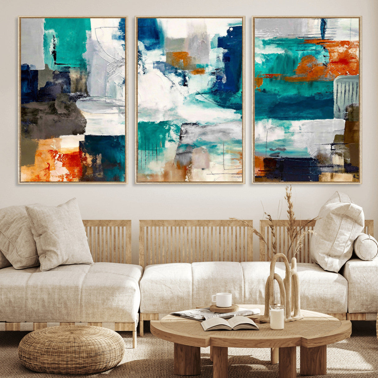 Blue Teal Abstract Canvas Wall Art, Modern Textured Painting Print, Navy Orange White Contemporary Art, Neutral Living Room Decor, Office Art