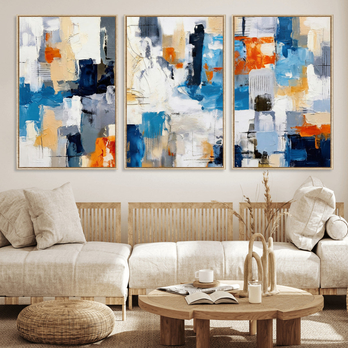 Blue Teal Abstract Canvas Wall Art, Modern Textured Painting Print, Navy Orange White Contemporary Art, Neutral Living Room Decor, Office Art