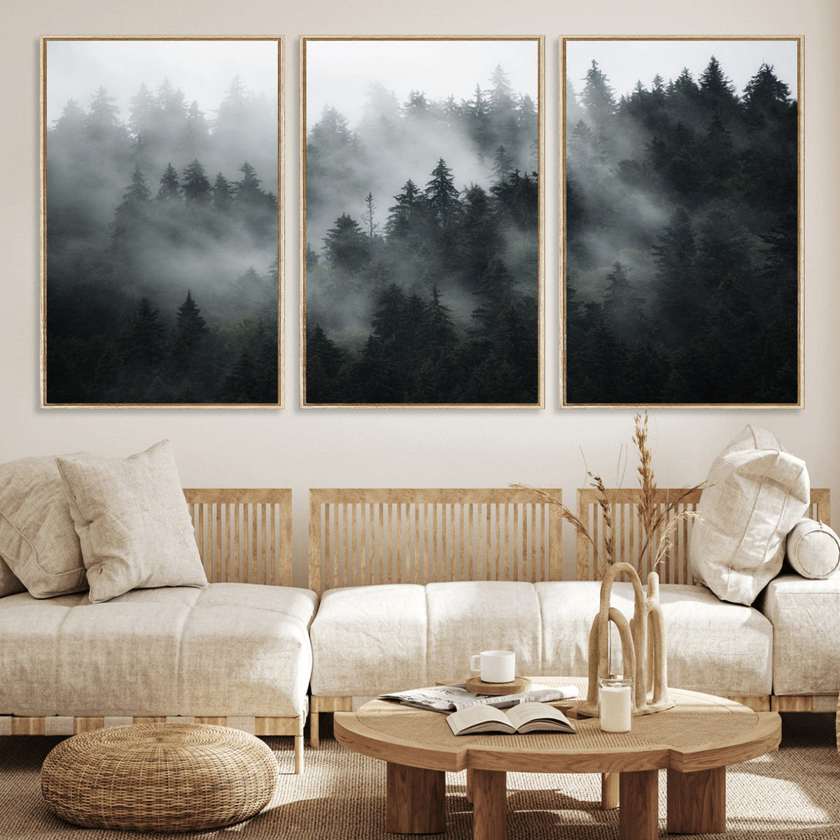 Foggy Forest Wall Art Canvas Print | 3 Panel Large Misty