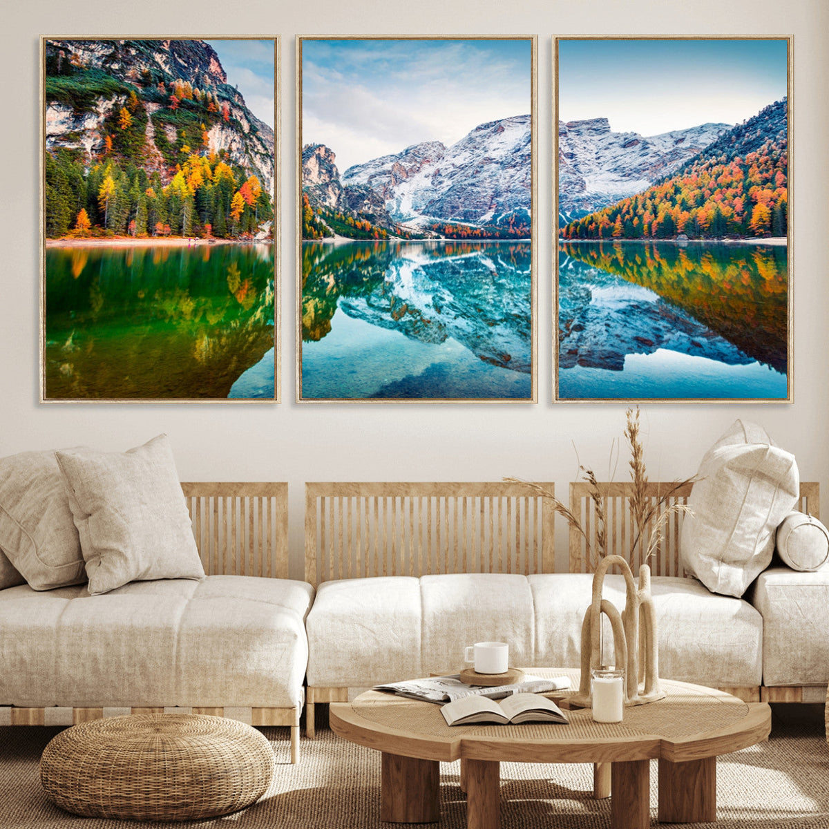 Spectacular autumn view of Braies Lake Wall Art Canvas Print