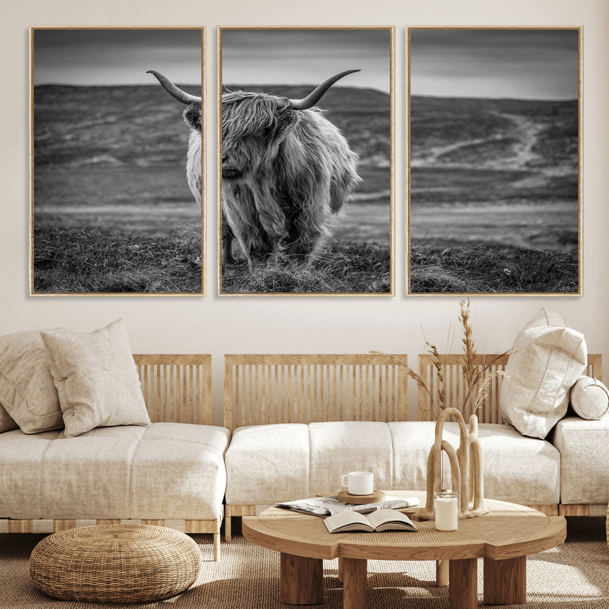 Fluffy Cattle Wall Art Print, Highland Cow Canvas, Framed