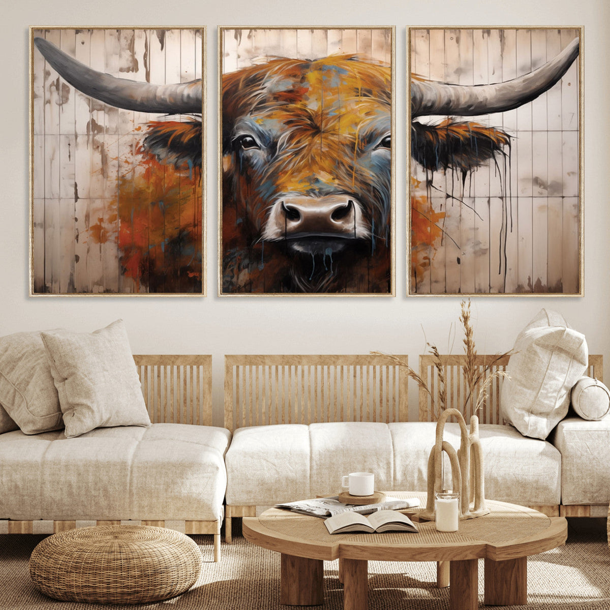 Abstract Bull Highland Cow Canvas Wall Art Print – Vibrant
