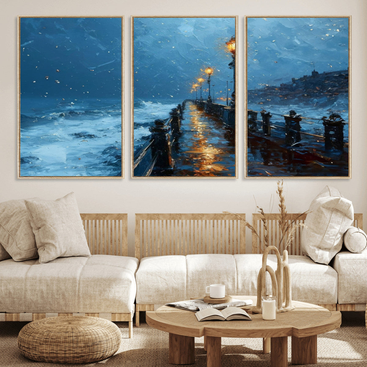 Stormy Night at Beach Pier Oil Painting Large Wall Art