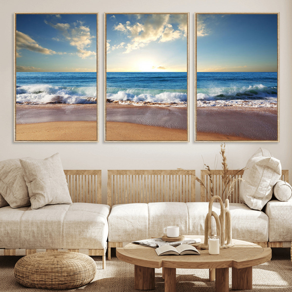Serene Ocean Sunset Canvas Wall Art - Beach Waves at Sunset,