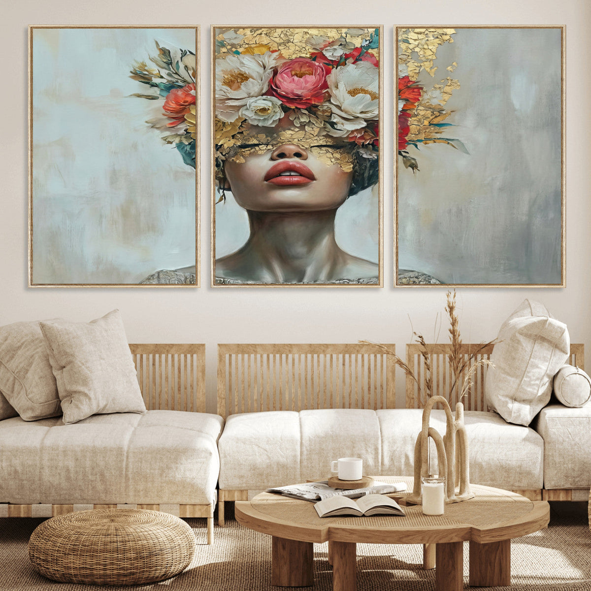 Golden Petal Wall Art Canvas Print - Silhouette Woman Wall