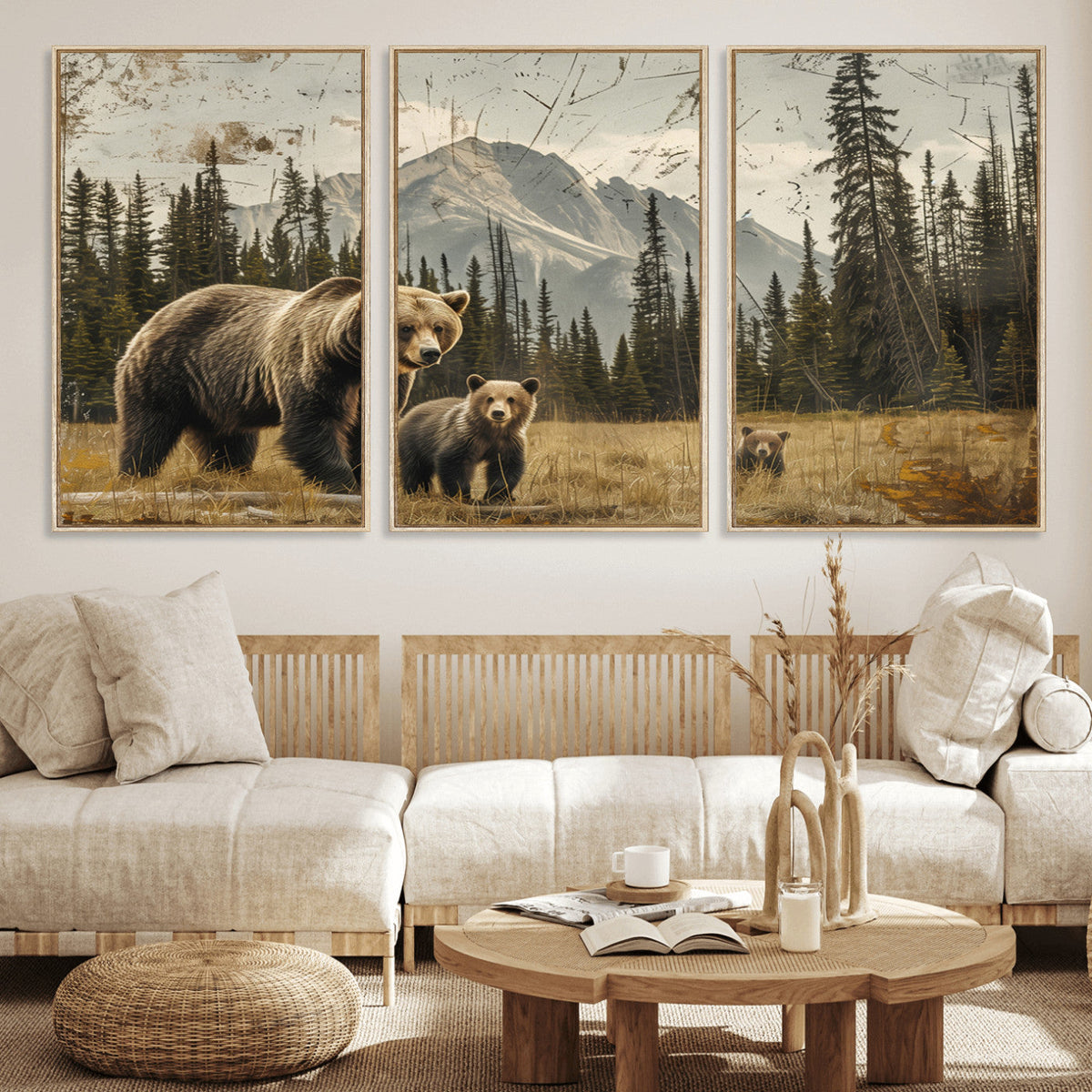Rustic Grizzly 399 Bear Family Wall Art Canvas Print