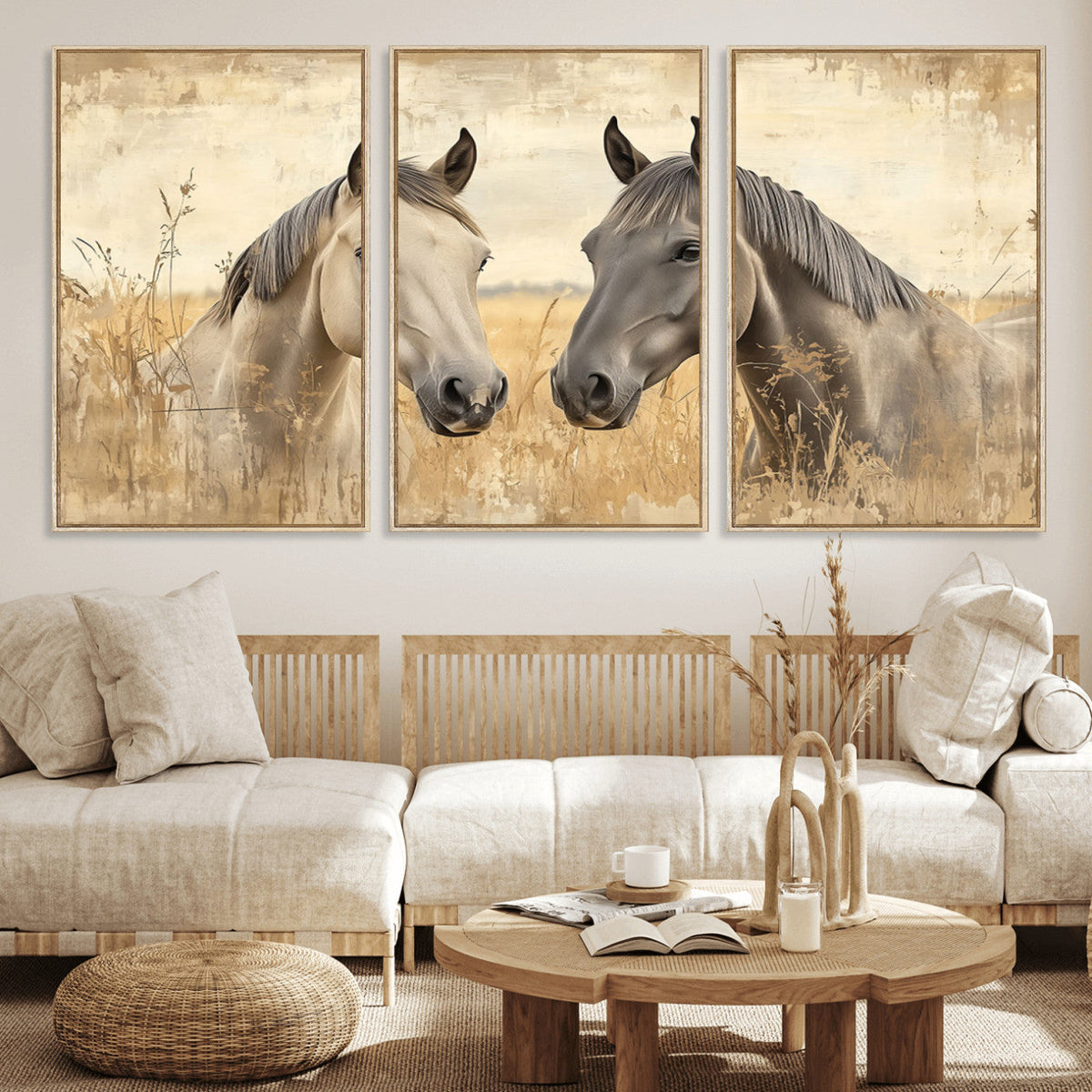 Chines Ink Style Grunge Horses Wall Art Canvas Print