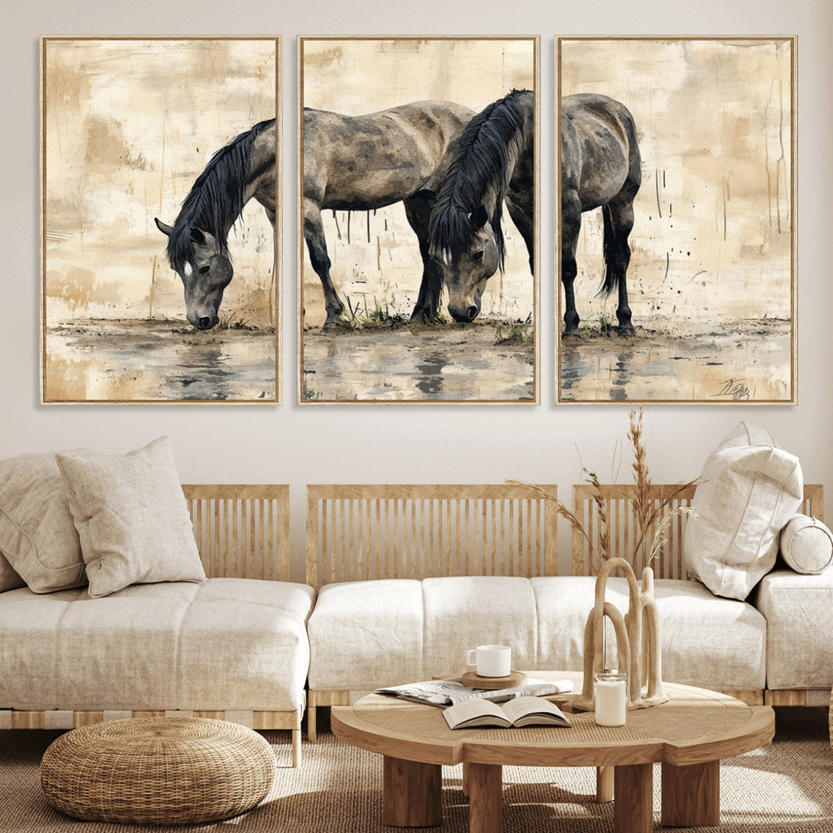 Chinese Style Abstract Black Horses Wall Art Canvas Print -