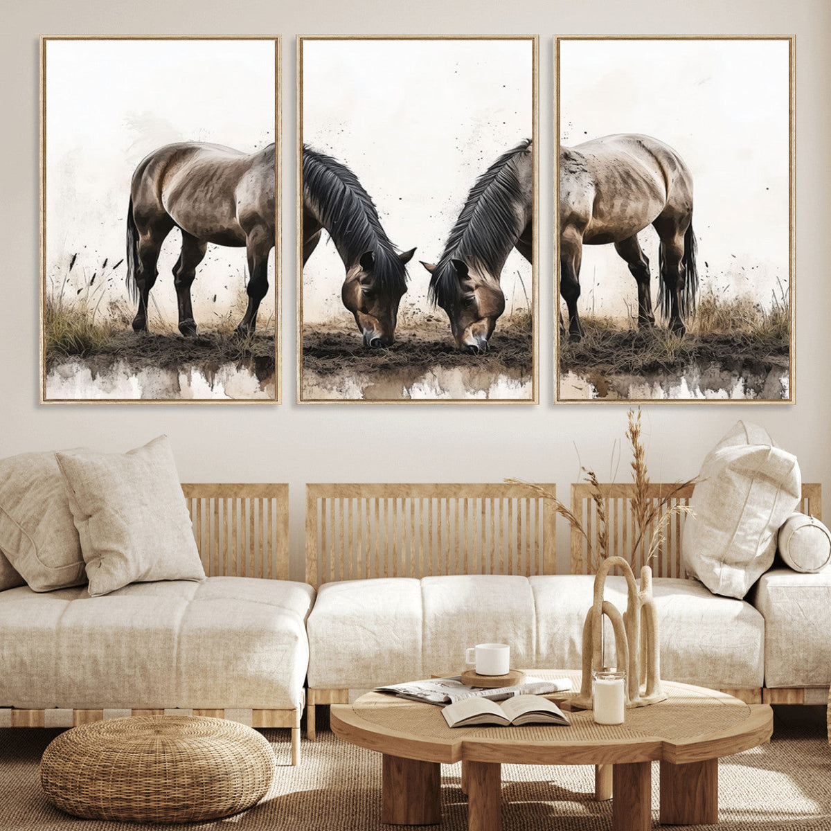 Chines Ink Style Horses Wall Art Canvas Print