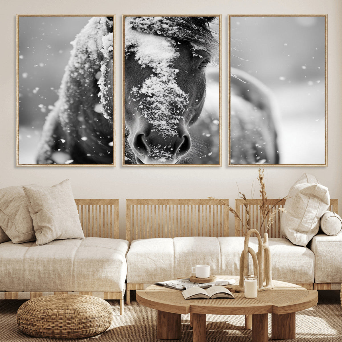 Black and White Horse Winter Wall Art | Ready to Hang and