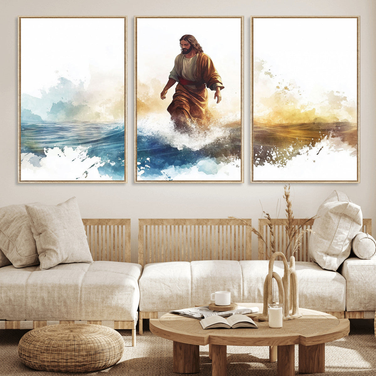 Watercolor Jesus Walking Wall Art Print, Jesus Water Canvas
