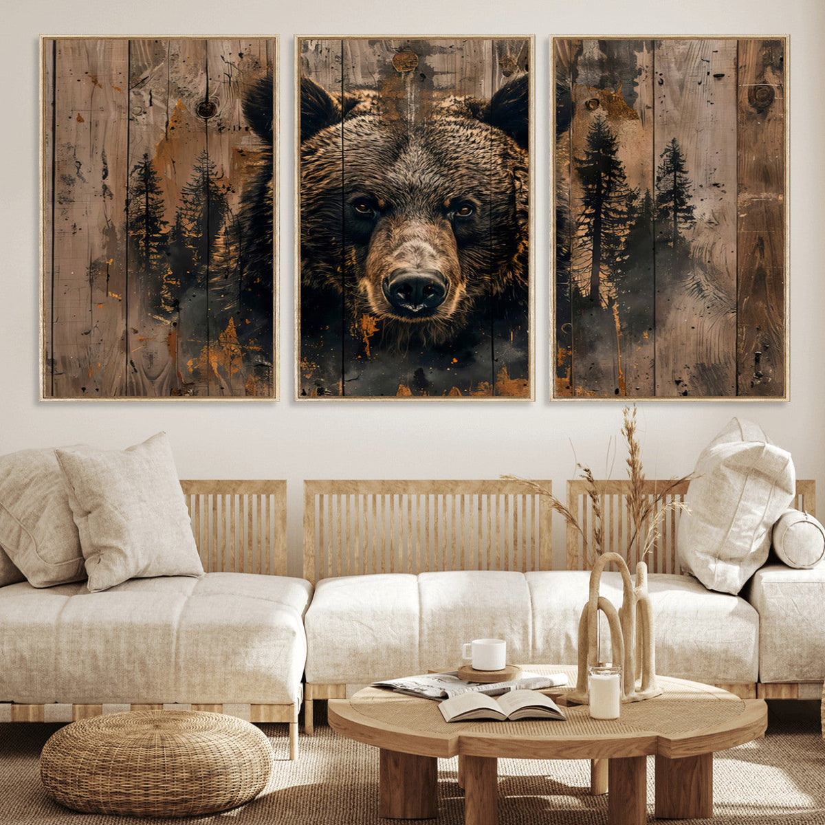 Rustic Grizzly 399 Wall Art | Triptych Canvas Print | Rustic