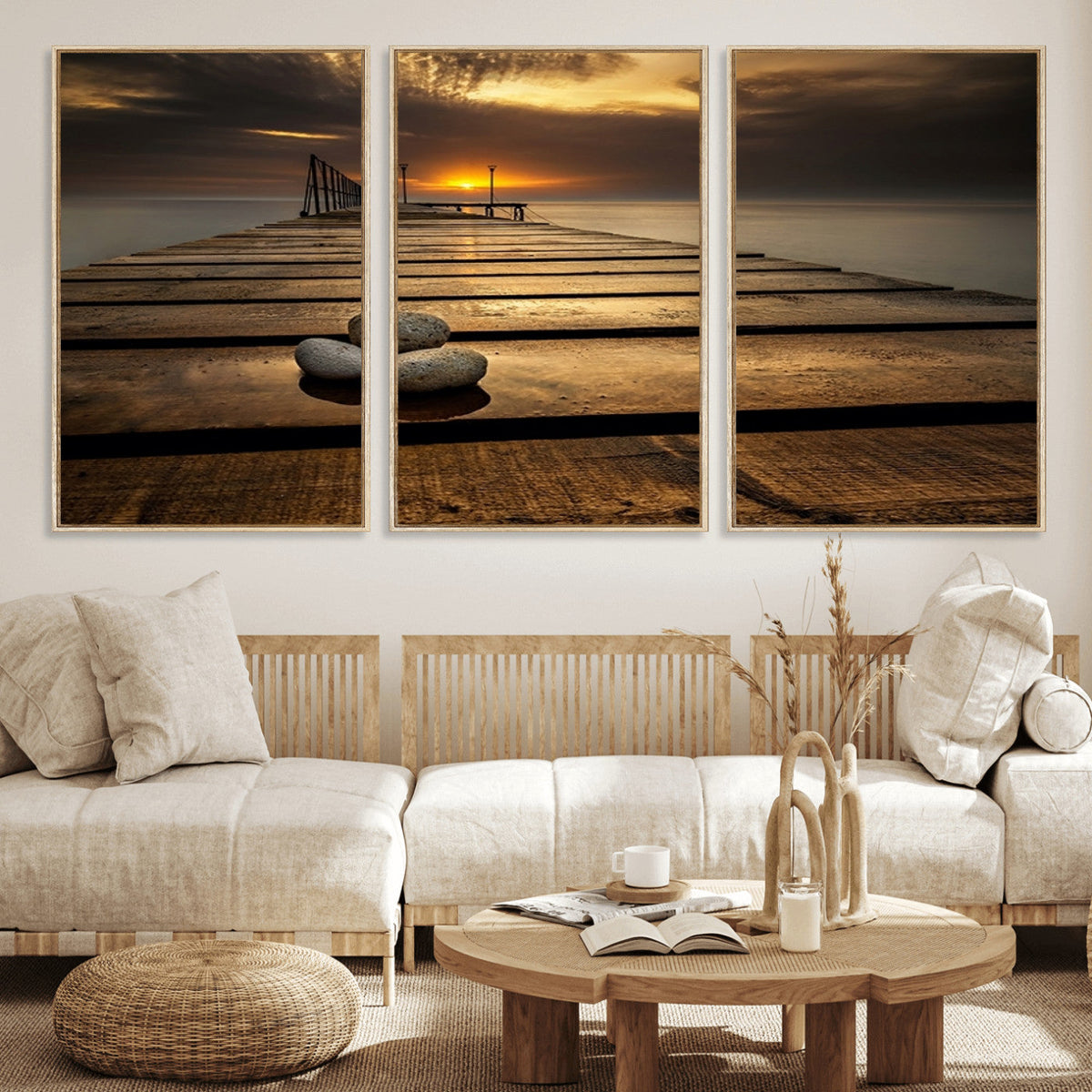 Stones on Wooden Pier at Sunset Canvas Print, Serene Coastal