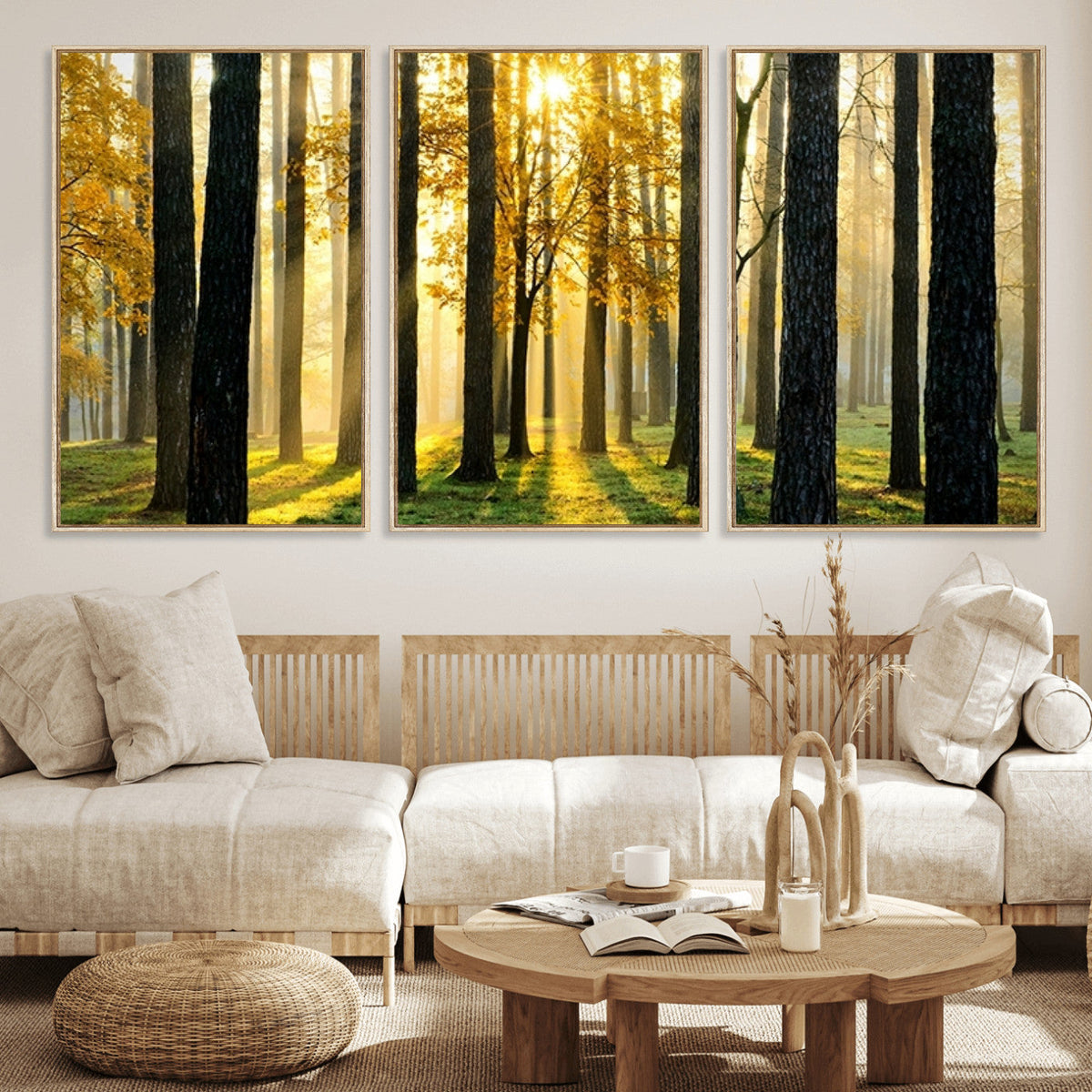 Sunlit Forest Wall Art Canvas Print – Large Framed Woodland