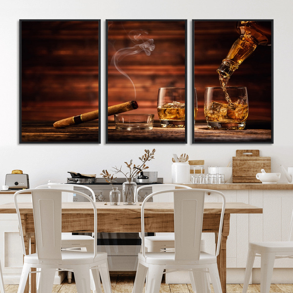 Whiskey and Cigar Wall Art Canvas | 3 Panel Bar Room Decor