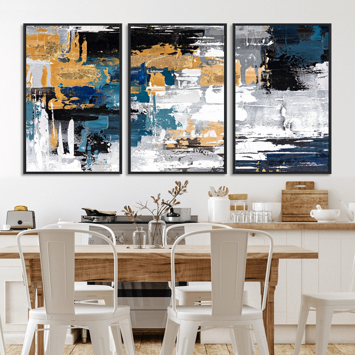 Blue and Gold Abstract Canvas Wall Art – Triptych Modern