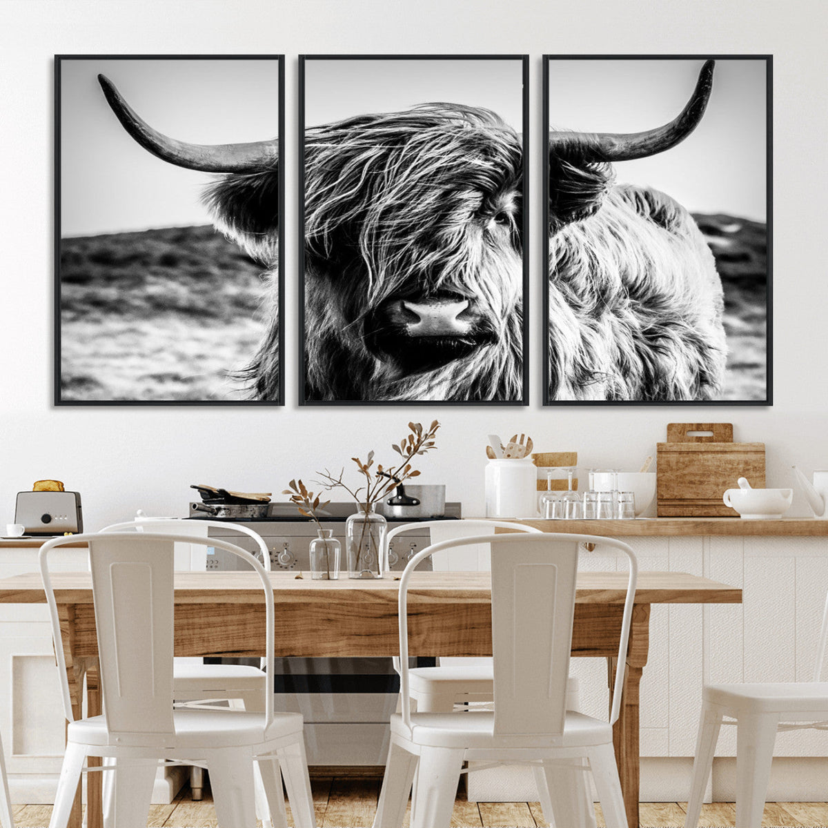 Black and White Scottish Cow Canvas Wall Art Highland Cattle