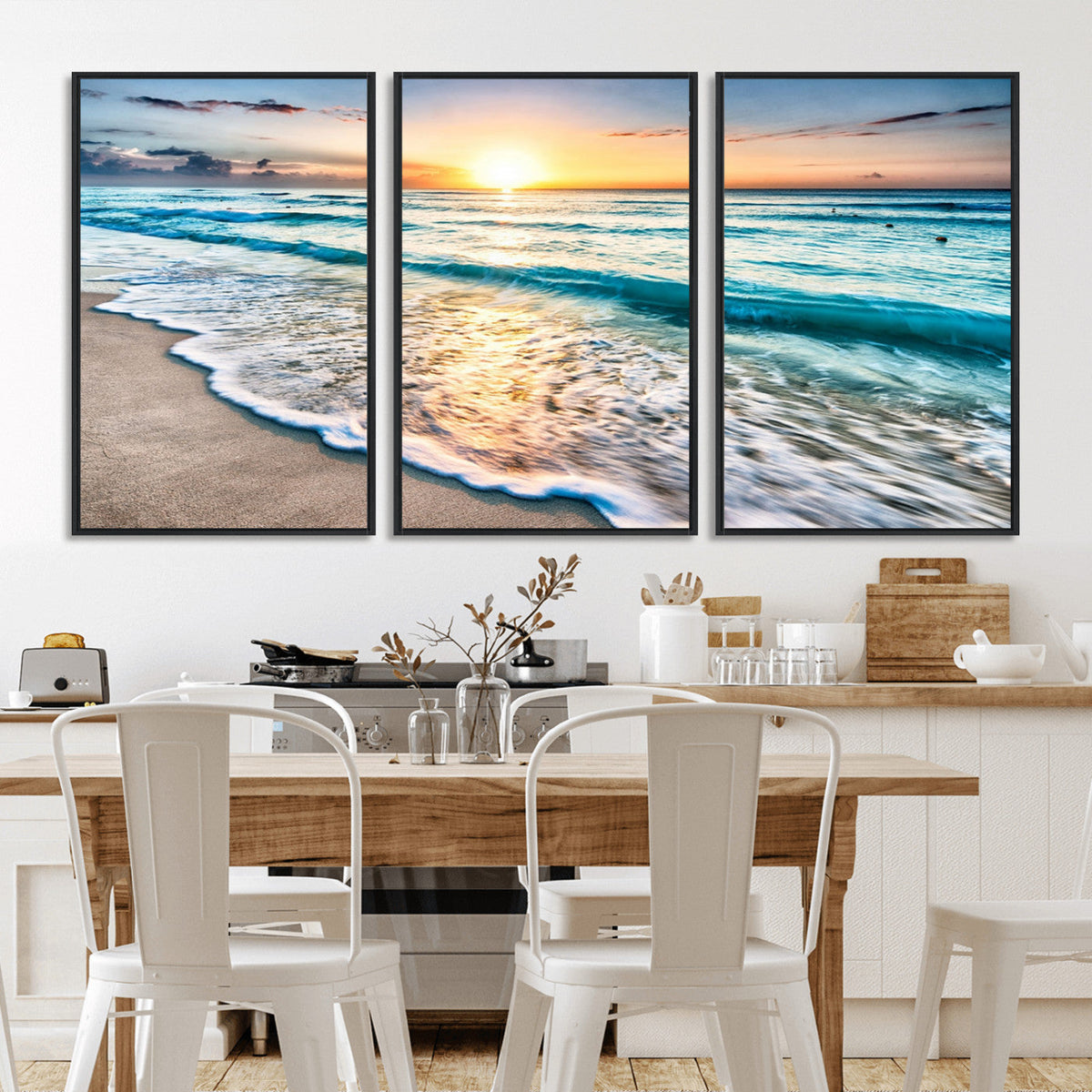 Sunset Beach Waves Canvas Wall Art – 5-Panel Ocean Sunset