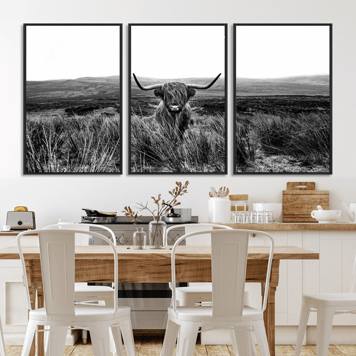 Black and White Highland Cow Canvas Wall Art, Longhorn