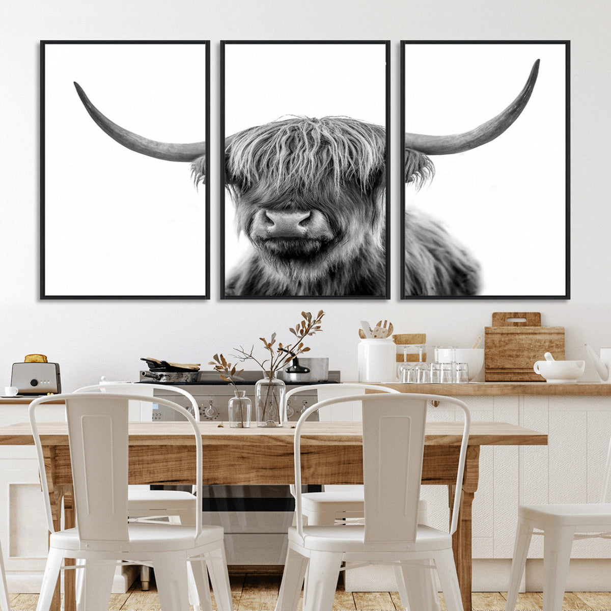 Grayscale Scottish Highland Cow Cattle Art Print Farmhouse