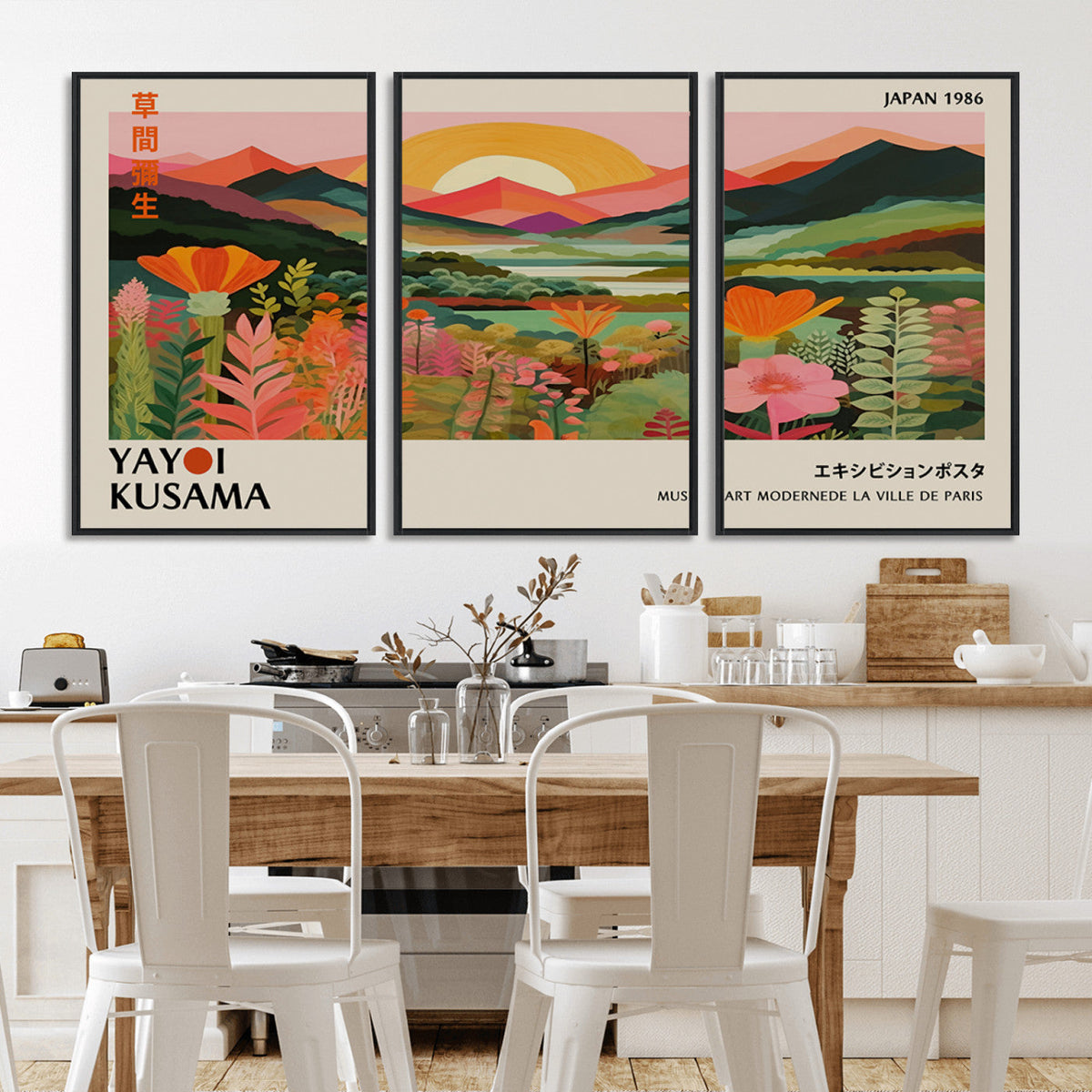Framed Yayoi Kusama Print, Vibrant Floral Mountain Art