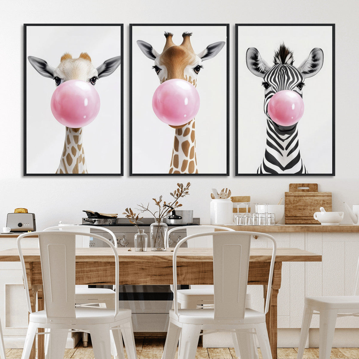 Bubblegum Animals Canvas Wall Art - Playful Giraffe and