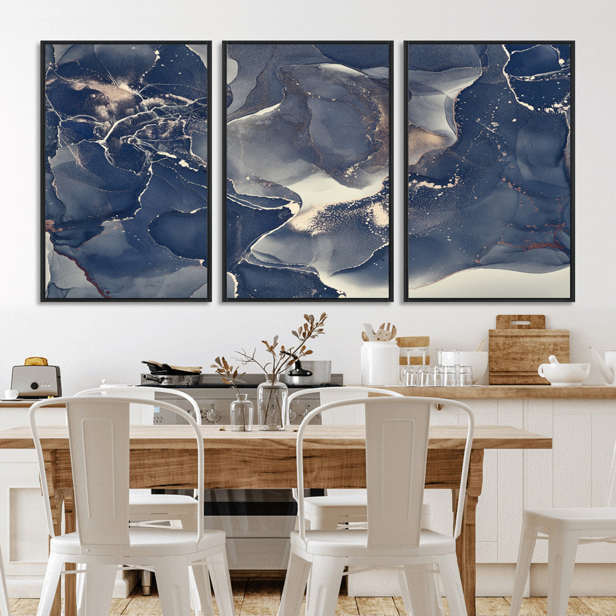 Large Abstract Blue and Gold Canvas Wall Art Fluid Ink