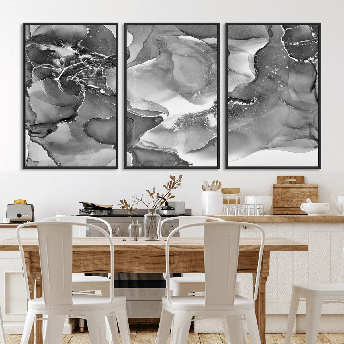 Black White Abstract Canvas Wall Art - Fluid Ink Artwork -