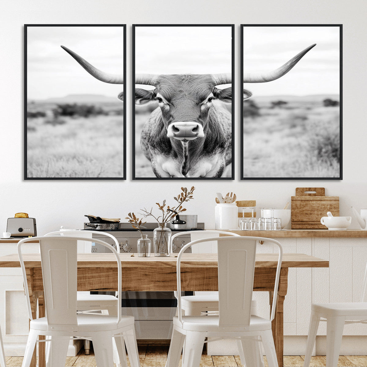 Highland Cow Wall Art Canvas Print – Black and White Western