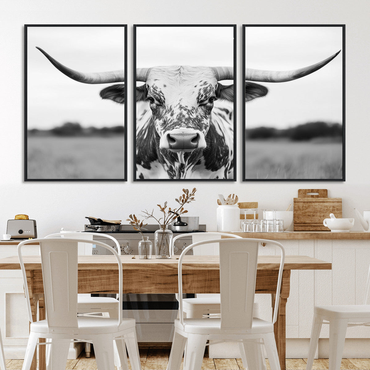 Highland Cow Wall Art Canvas Print – Black and White Western