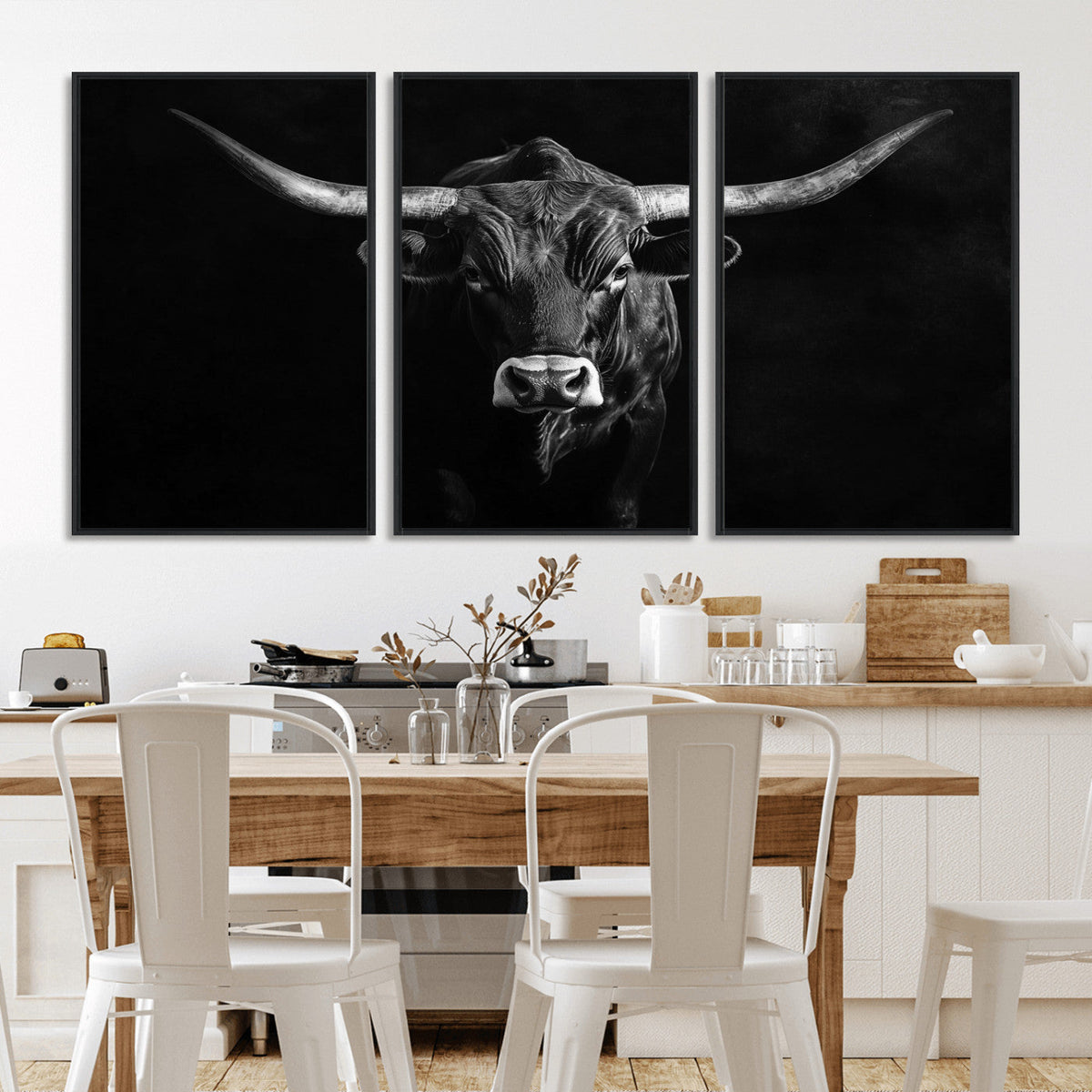 Texas Longhorn Wall Art Canvas Print – Framed Monochrome