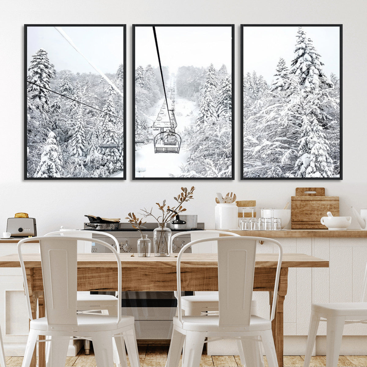 Snowy Ski Lift Wall Art – Framed Winter Mountain Canvas