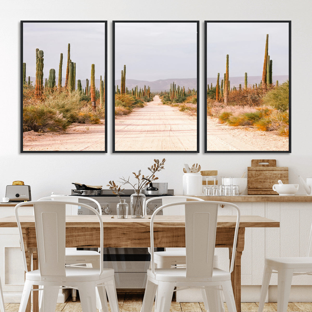 Desert Cactus Lined Road Wall Art Canvas Print – Framed