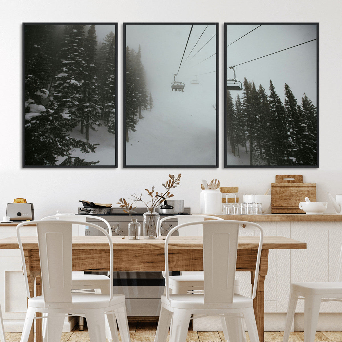 Ski Lift Wall Art Canvas Print – Snowy Pines Misty Landscape