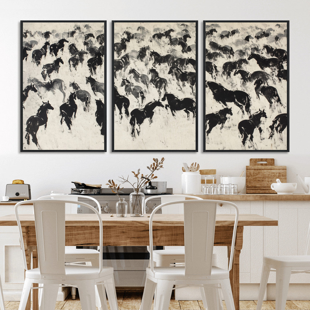 Wild Horse Stampede Wall Art Canvas Print – Monochrome